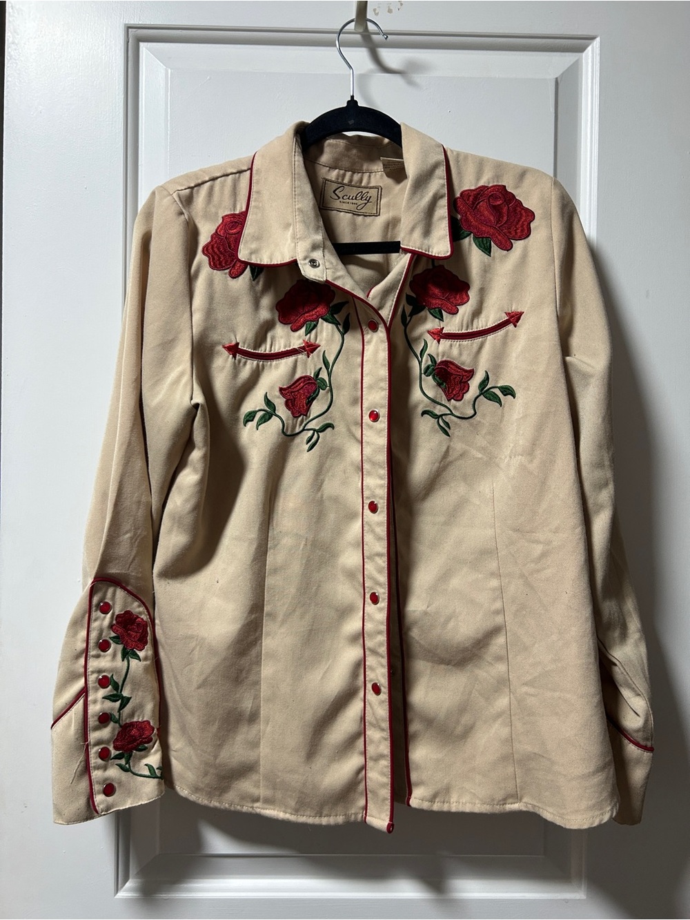 Scully Cream Western Blouse with Red Rose Embroidery